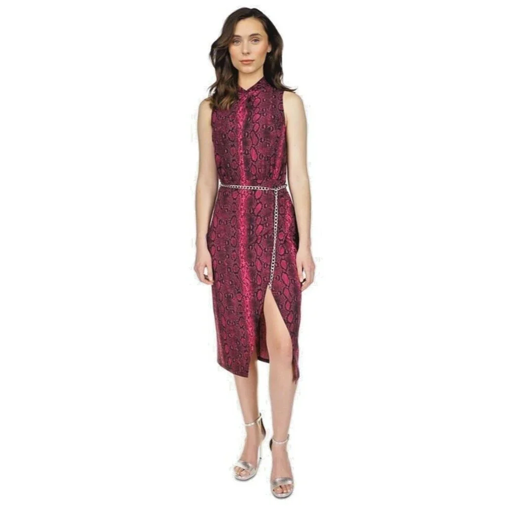 Michael Kors Women's Snakeskin-Print Sleeveless Midi Dress Fuchsia L (NO BELT)